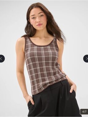 Massimo Dutti Brown and Cream Plaid Knit Tank Top